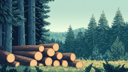 Stunning illustration of a pine forest with logs stacked at the edge, emphasizing the beauty and detail of nature's simplicity.の素材