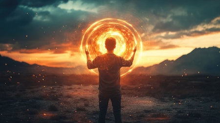 A person holds a radiant shield in their hands, glowing with energy, standing as a symbol of defense and resilience.の素材