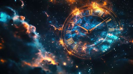 A high-tech computer time clock set against the backdrop of space, with galaxies and stars visible, symbolizing time and technology in the cosmosの素材