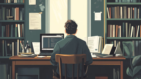 A man sits at his desk in front of a laptop, surrounded by books and papers, in a cozy and productive setting.の素材
