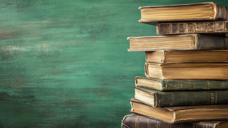 A pile of antique books with frayed edges, sitting against a green background, representing wisdom passed through generations.の素材