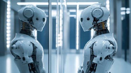 A robot with advanced AI inspects its reflection in a high-tech lab, reflecting a blend of human-like curiosity and scientific innovation.の素材