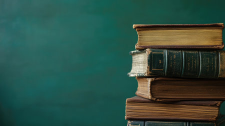 A stack of aged, worn books with leather covers, set against a rich green background, symbolizing knowledge and historyの素材