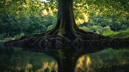 A tree with sprawling roots reaching into the water, creating a serene, natural scene reflecting harmony between land and water.の素材