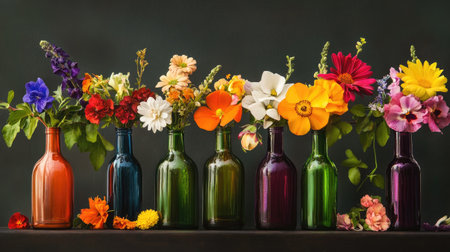 A vibrant row of six bottles, each paired with a different colored flower, highlighting variety and beauty in this arrangement.の素材