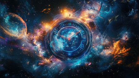 A digital time clock floating in the infinite expanse of space, with vibrant cosmic colors and celestial objects surrounding it, representing futuristic timekeeping.の素材