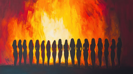 A minimalist painting of women standing in a line, their silhouettes glowing against a bright backdrop, embodying unity and strength.の素材