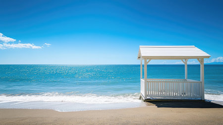 A peaceful beach scene with a white roof structure overlooking the calm ocean, with gentle waves and clear skies creating a relaxing view.の素材