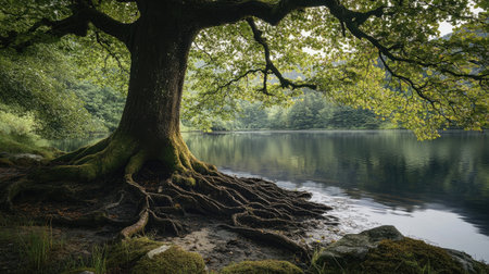 A tree growing near the water's edge, its roots submerged, blending with the natural surroundings in a tranquil scene.の素材
