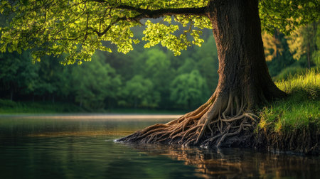 A tree growing near the water's edge, its roots submerged, blending with the natural surroundings in a tranquil scene.の素材