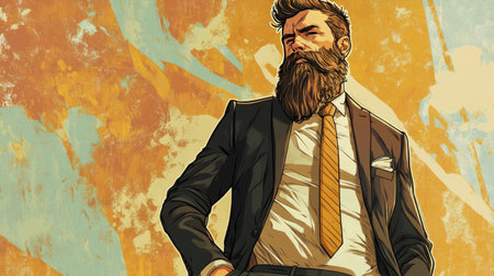 An illustrated character of a man wearing a suit and tie, with a bushy beard and cartoonish features, striking a confident pose.の素材