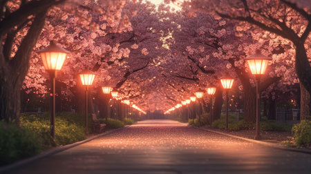 A park walkway lined with blooming cherry blossoms and lanterns glowing softly, creating a serene and romantic atmosphere beneath the pink petalsの素材