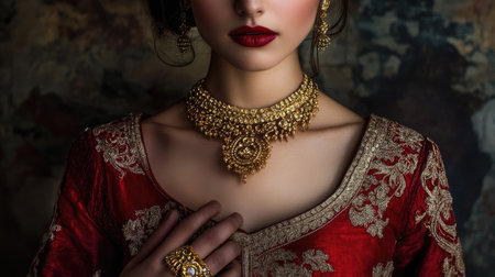 A striking image of a woman in a red and gold dress, her gold necklace and bangles gleaming, embodying beauty and grace.の素材