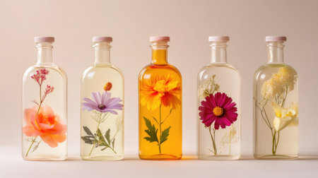 Six unique bottles lined up, each featuring a different flower color and size, creating a visually diverse and beautiful arrangementの素材