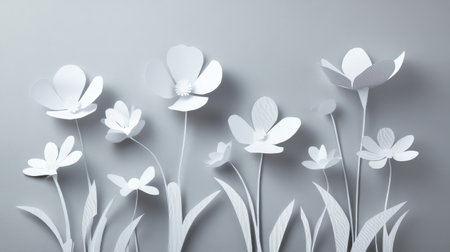 Abstract Paper Flower Spring Theme: A collection of delicate white paper-cut flowers on a grey background, symbolizing spring and nature in a minimalist, artistic styleの素材