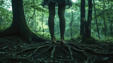 A woman legs transform into tree roots in a forest, symbolizing her connection to the natural world, grounded and strong.の素材