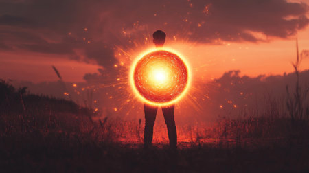 A person stands with a glowing shield held in both hands, symbolizing protection and strength, as light pours from the shield.の素材