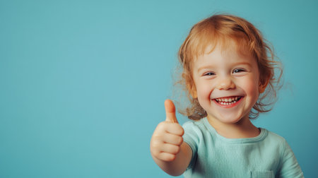 A child with a thumbs up and a joyful smile on a light blue background, capturing a moment of pure happiness and playfulnessの素材