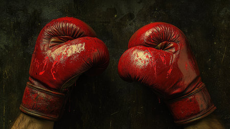 Two boxing gloves marked with red paint, set against a dark background, representing the intensity of a fierce match.の素材