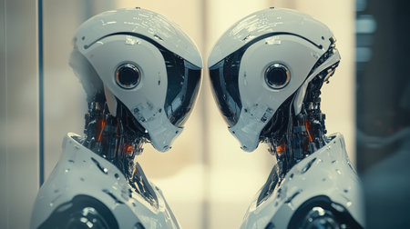 A robot with advanced AI inspects its reflection in a high-tech lab, reflecting a blend of human-like curiosity and scientific innovation.の素材