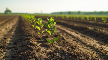 A row of young trees growing in a dirt field, stretching into the distance, under a bright, clear sky.の素材