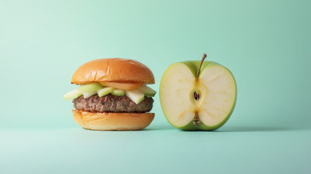 A creative contrast between half a burger and half an apple, visually symbolizing healthy vs indulgent eating choices.の素材