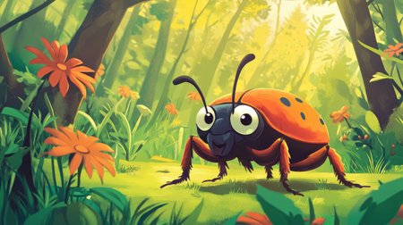 Cartoon Beetle in Forest Scene: A cute cartoon bark beetle with wide eyes in a vibrant forest setting, designed for kids' educational content and playful insect-themed illustrations.の素材