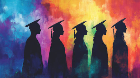 Four people in graduation caps and gowns, their dark silhouettes standing out against a colorful background, embodying a moment of accomplishment.の素材