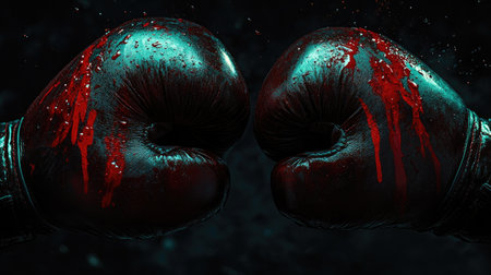Two boxing gloves marked with red paint, set against a dark background, representing the intensity of a fierce match.の素材