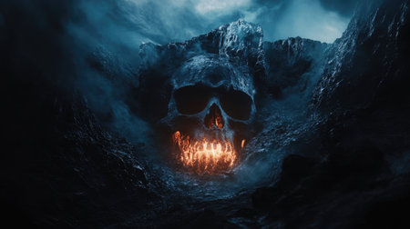 Dark mountain with a skull-shaped cave entrance, flames and shadows blending in a haunting, terrifying Halloween fantasy world.の素材