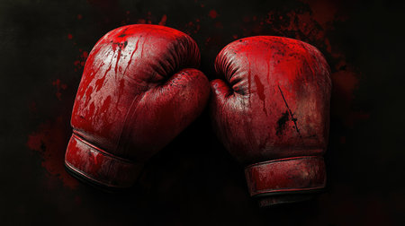 Two boxing gloves marked with red paint, set against a dark background, representing the intensity of a fierce match.の素材