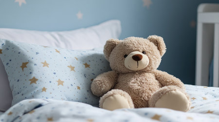 A cozy teddy bear nestled in starry bedding, warm nursery decor with soft blue walls, creating a calming and comforting child bedroom.の素材