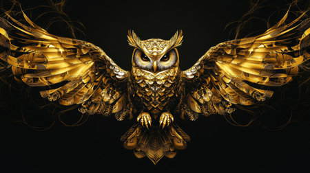 Artistic golden owl illustration on a deep black background, capturing the essence of nature's wisdom in a striking visual.の素材