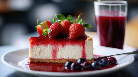 Creamy cheesecake with fresh strawberries and sauce, plated beautifully with a glass of berry juice for a delicious dessert treat.の素材