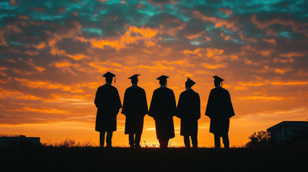 Four shadowed figures in graduation caps and gowns, their silhouettes representing success and unity, standing against a sunset sky.の素材