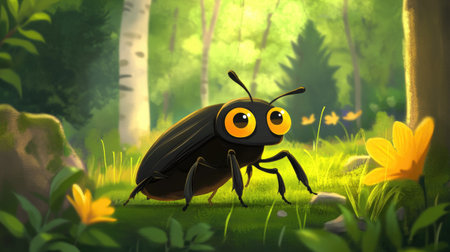Cartoon Beetle in Forest Scene: A cute cartoon bark beetle with wide eyes in a vibrant forest setting, designed for kids' educational content and playful insect-themed illustrations.の素材