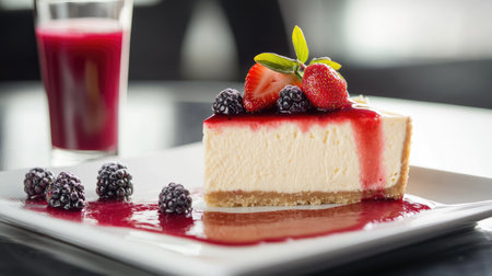 A delicious slice of classic cheesecake topped with fresh berries and strawberry sauce, served with berry juice on a white plate.の素材