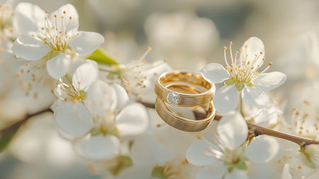 Close-up of elegant gold wedding rings beside delicate white blossoms, symbolizing love and commitment in a romantic marriage celebration.の素材