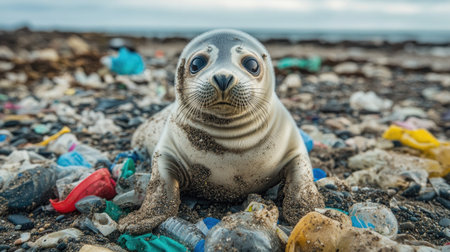 A seal pup surrounded by plastic waste on a beach, representing the harsh reality of pollution's impact on marine wildlife and ecosystemsの素材