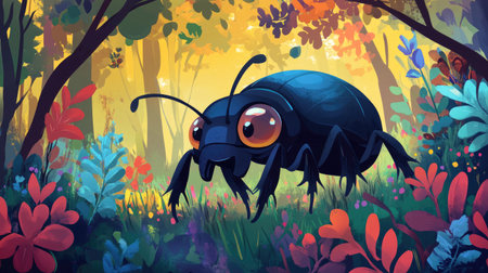 Cartoon Beetle in Forest Scene: A cute cartoon bark beetle with wide eyes in a vibrant forest setting, designed for kids' educational content and playful insect-themed illustrations.の素材