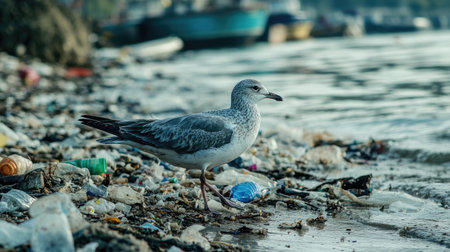 A seabird walking through plastic waste on a beach, representing the dire consequences of pollution on marine life and ecosystemsの素材