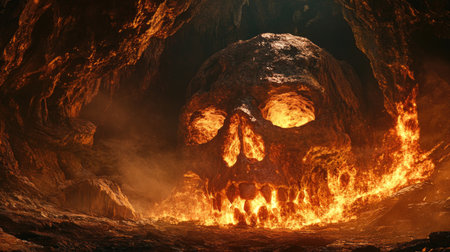 A giant skull-shaped cave entrance carved into a fiery mountain, engulfed in flames and darkness, evoking a Halloween fantasy horror theme.の素材