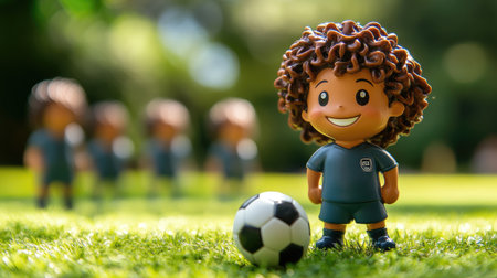 Cute Soccer Figurine with Curly Hair: A curly-haired soccer figurine holding a ball, standing on green grass, with teammates in the background, representing toy sports fun.の素材