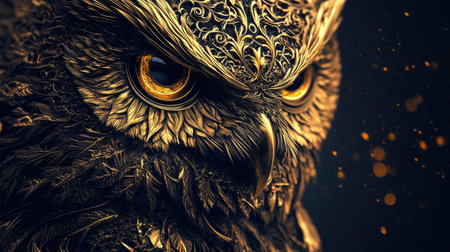 A golden owl with intricate details on a dark background, reflecting wisdom and elegance in graphic design.の素材