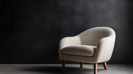 Curved modern armchair with a textured finish and wooden legs, featured in a minimalist style against a dark backdrop.の素材