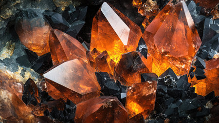 Crystals in rich shades of orange and black, detailed close-up showcasing the stunning patterns of natural mineral formations.の素材