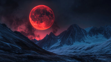 A red-hued blood moon rising over a mountain range, casting an eerie glow on the landscape.の素材