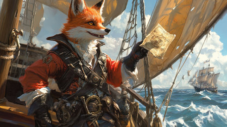 Dressed in full pirate regalia, a fox surveys the sea from his ship, with a treasure map in hand, embarking on an epic adventure.の素材