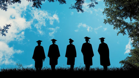 The silhouettes of four graduates in caps and gowns, standing side by side, set against a blue sky as a symbol of academic achievement and future potential.の素材