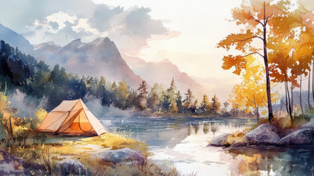 A picturesque campsite along the river, painted in watercolor, with soft tones capturing the natural beauty of the outdoors.の素材